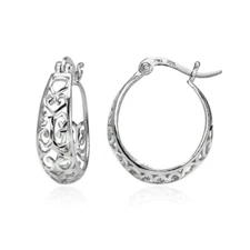 Sterling Silver Diamond-cut Filigree Swirl Small Hoop Earrings
