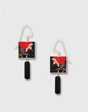 Japanese Crane Print Square Lace Brass Earrings Lemon Tree 14K Gold Filled Hook