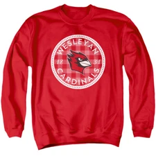 Wesleyan University Adult Crewneck Sweatshirt Plaid Badge, Red, S-3XL