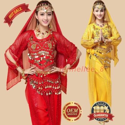 Belly Dance Costume Set 4 Pics Long-sleeved Top Pants Belt Veil Carnival Outfit