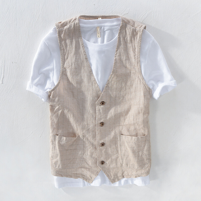 Men Stripe Cotton Linen Summer Vest Vintage Casual Button VNeck