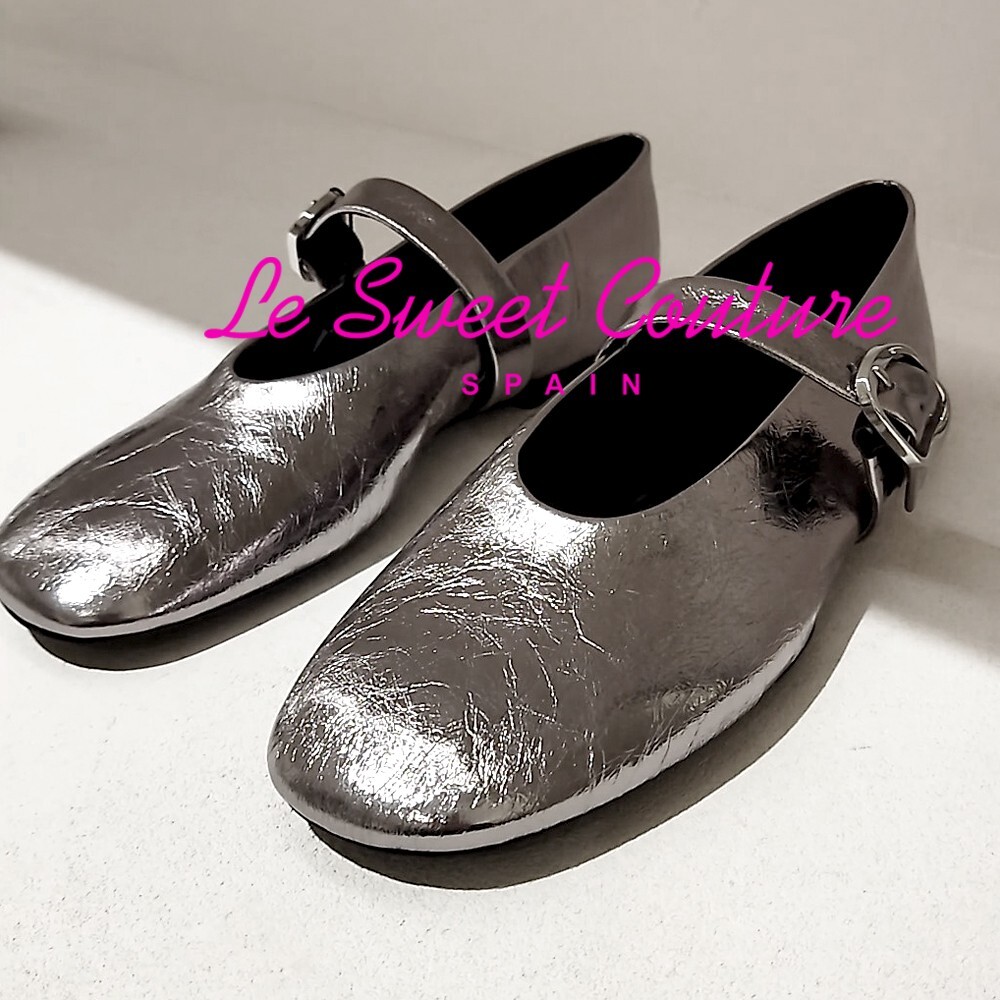 スペイン♪Massimo Dutti★メタルバックル付きバレエフラット MASSIMO DUTTI NWT SS25 SILVER Metallic ballet flats with