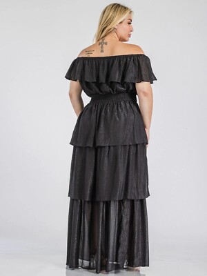 Womens Plus Size Black Cold Shoulder Maxi Dress 1X Ruffled Accents Shimmer  | eBay