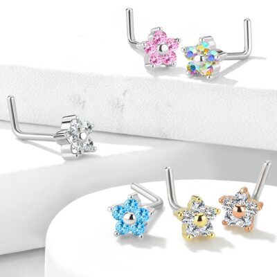 CZ Flower Top 316L Surgical Steel L Bend Nose Studs Rings 20G