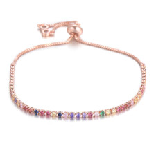 Rose Gold Adjustable Tennis Bracelet Rainbow Cubic Zirconia Round Stone