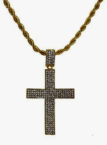 Collana Hip Hop Ice'd Bling Cross Ciondolo su Oro con Orologio Bling L0504-SSS42G - Foto 3 di 6