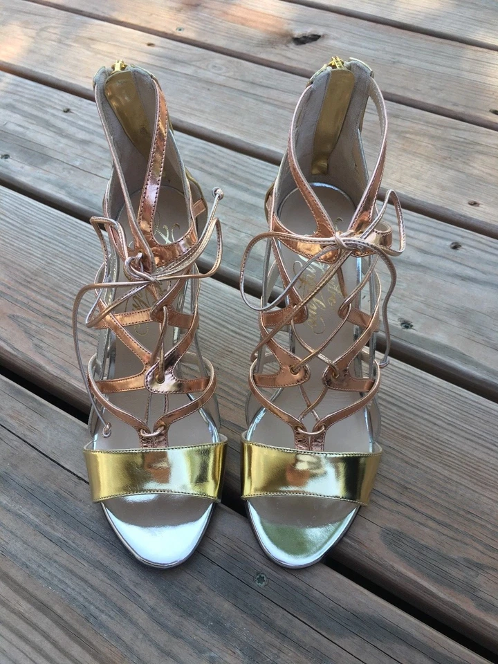 Womens ALEJANDRO INGELMO Size 36 Boomerang Metallic Strappy Lace Up Sandal Heels - Image 2 of 4