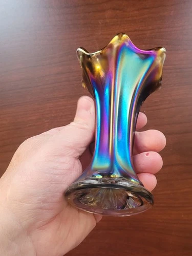 Pretty Electric Smoke Imperial Carnival Glass  Morning Glory 5 3/8" Mini Vase