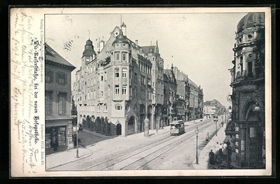Karlsruhe, Strassenbahn auf der Kaiserstraße, Hofapotheke, Ansichtskarte 1904 