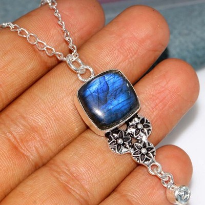 925 Silver Plated Long Fiery Labradorite Blue Topaz Necklace 20'' Trendy MJ