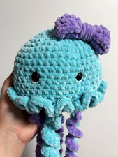 Handmade Crochet Jellyfish Plush Stuffed Animal Teal Purple Bow Small
