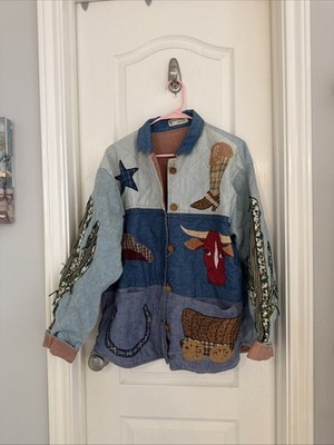 Patch Magic Group Sz XL Reversible Quilt Jacket Button Up cowboy, boots, Vtg 