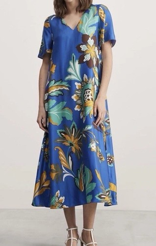 Jaeger (M&S) Blue Mix Flower Print Dress Size 14 Rrp £125 New With Tags