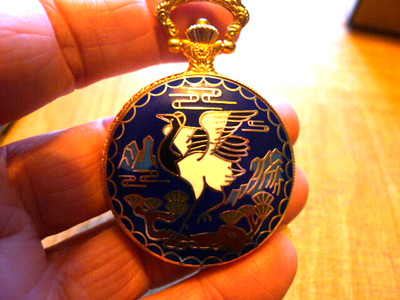 Enamelled Stork Hunter 50mm Ornate Qtz Pocket Watch...Gold  Plated..  Working.