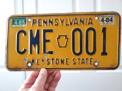 Pennsylvania License Plate Keystone State  # CME 001 Expired 1985