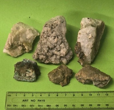 6 Stück Schlauch Steine und Mineralien Pyrit, Gelena, Kupfererz, Calcit, Quarzkristall 