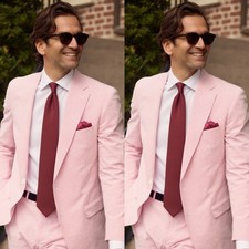 Men Suit Wedding Summer Seersucker Tuxedo Outdoor 2 Pieces Leisure Blazers Pant