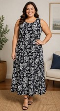 Vince Camuto Women’s Size 1X Black/White Floral Print Sleeveless Maxi Dress USA