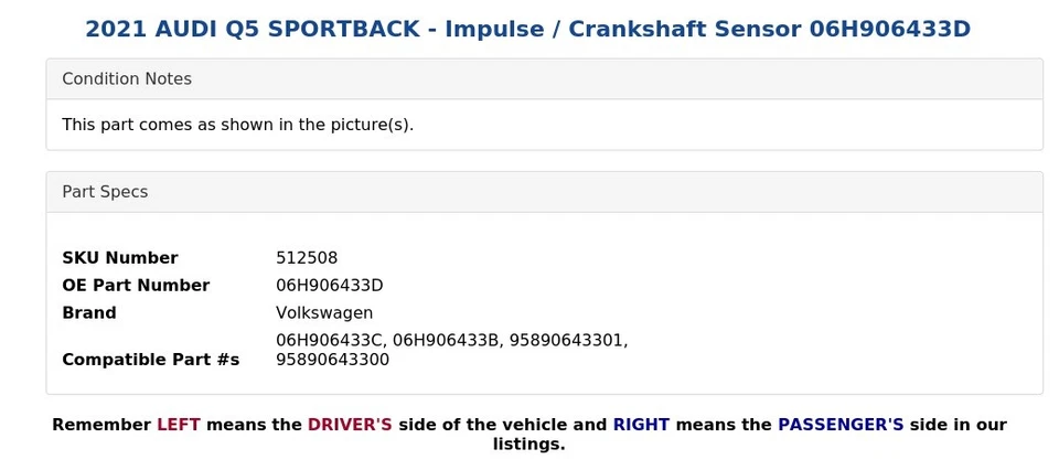 2021 AUDI Q5 SPORTBACK - Impulse / Crankshaft Sensor 06H906433D - Image 4 of 4
