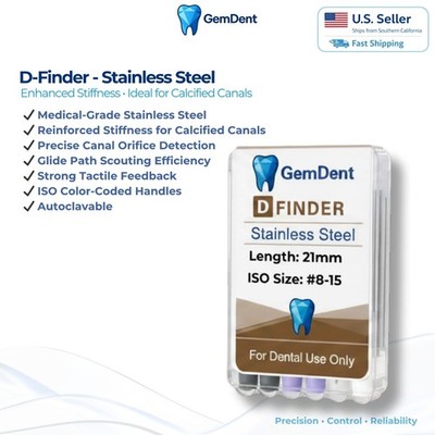GemDent D Finder Stainless Steel Endo Hand Files Assorted #08-15 21/25mm 6pk