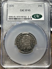 1835 Capped Bust Quarter Dollars CACG XF 45 CAC