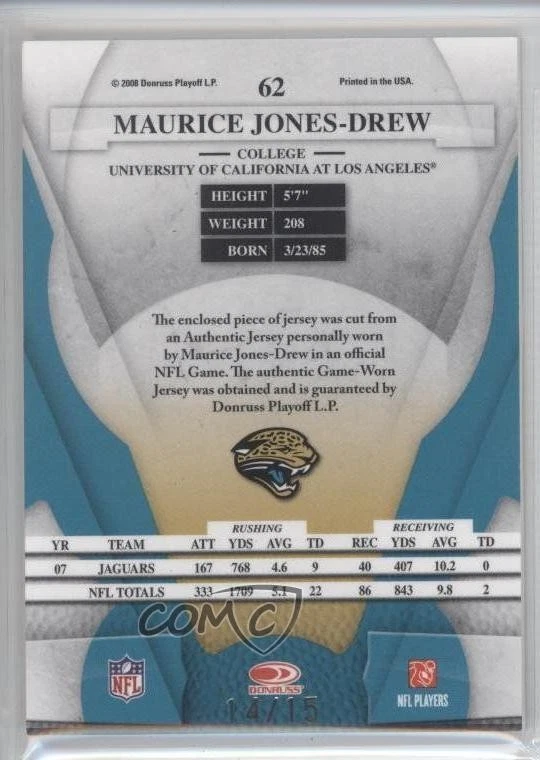 2008 Leaf Certified Materials Mirror Gold Materials /15 Maurice Jones-Drew #62 - Image 2 of 2