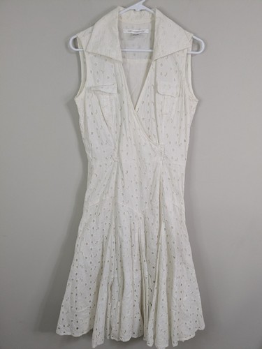 Diane Von Furstenberg Eyelet Dress Women's 10 White Sleeveless Cotton