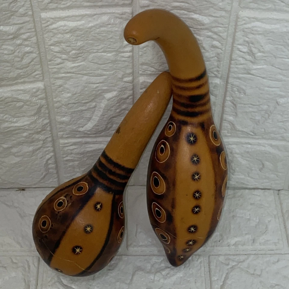 Vintage Gourd Shakers Maracas Hand Fire Burned Designs Decorated Peru EUC 6 & 7” - Image 3 of 4