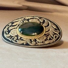 Vintage Western Floral Engraved Belt Buckle w/ Large Green Cabochon Stone