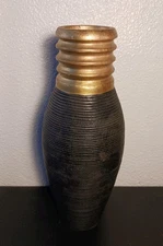 Decorative Wood Vase Concentric Circles Black & Gold 13" Modern Ribbed Textured 