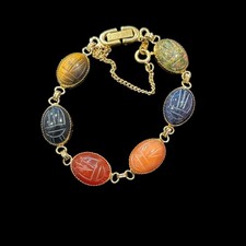 Vintage Genuine Scarab Stones Bracelet Egyptian Revival Gold Tone Hong Kong 7”