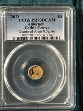 Gold Alderney Gothic Crown 0.5g Five Pounds 2021 PR70 FCAM PCGS
