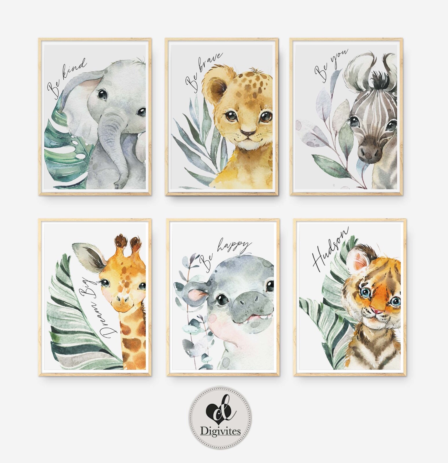 Baby Safari Nursery Wall art, set of 6, Be brave, be happy, Be brave