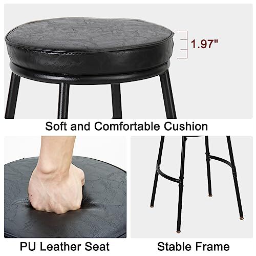 PU Leather Bar Stools Set of 2 Kitchen Round Bar Chairs with Footrest Industr... - Picture 5 of 8