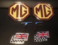 MG TF badge set overlay MG Badges rare 65mm 2mm TF letters & 2 chequerred flags