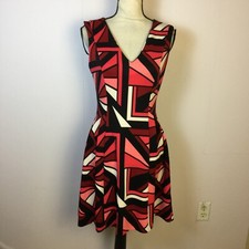 Worthington Fit & Flare Dress Sz 4 Womans Red Black Geometric Sleeveless V-neck