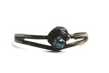 Vintage Native American Silver  Turquoise Feather Design Child's Cuff Bracelet