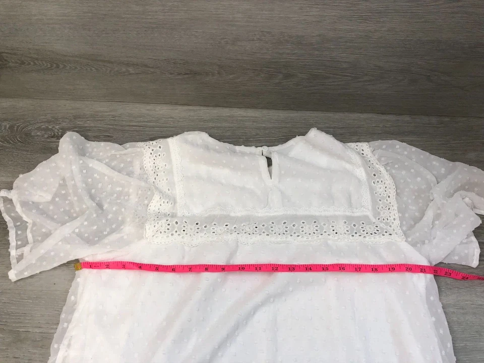 Blusa Cottagecore Feminina de Renda Extra Grande Branco Chiffon Ilhós Babado Curto Romântico - Imagem 3 de 4