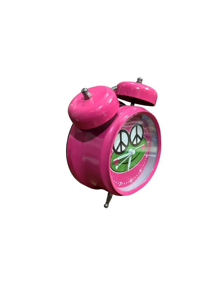 Hot Pink Alarm Clock With Green Frog Peace Eyes Analog Battery Operated Bell Top - Image 4 of 4