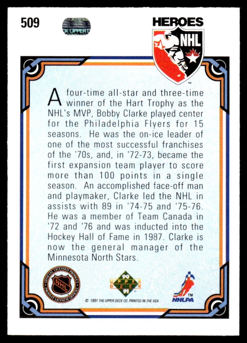 1990-91 Upper Deck BOBBY CLARKE #509 Flyers NHL Hero HOF