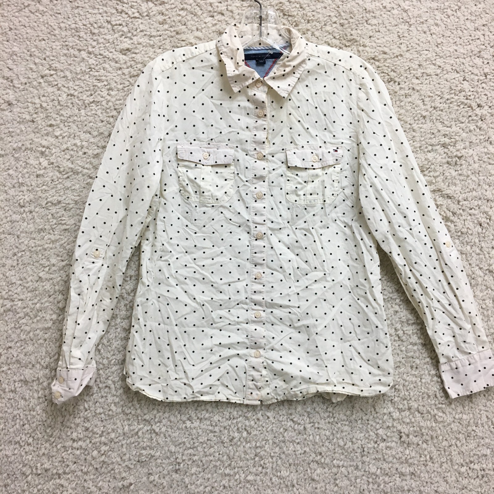 Tommy Hilfiger Button Up Shirt Medium Adult White Polka Dots Long Sleeve Womens