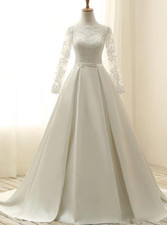 Satin Wedding Gown with Long Sleeves Low Round Neck Lace Applique Bridal Dress