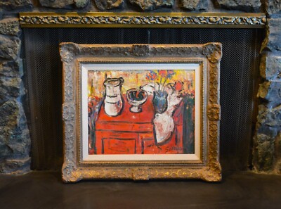 Gary Simon - Still Life Impressionist Painting  Vases on Red Table, Soft Yellows