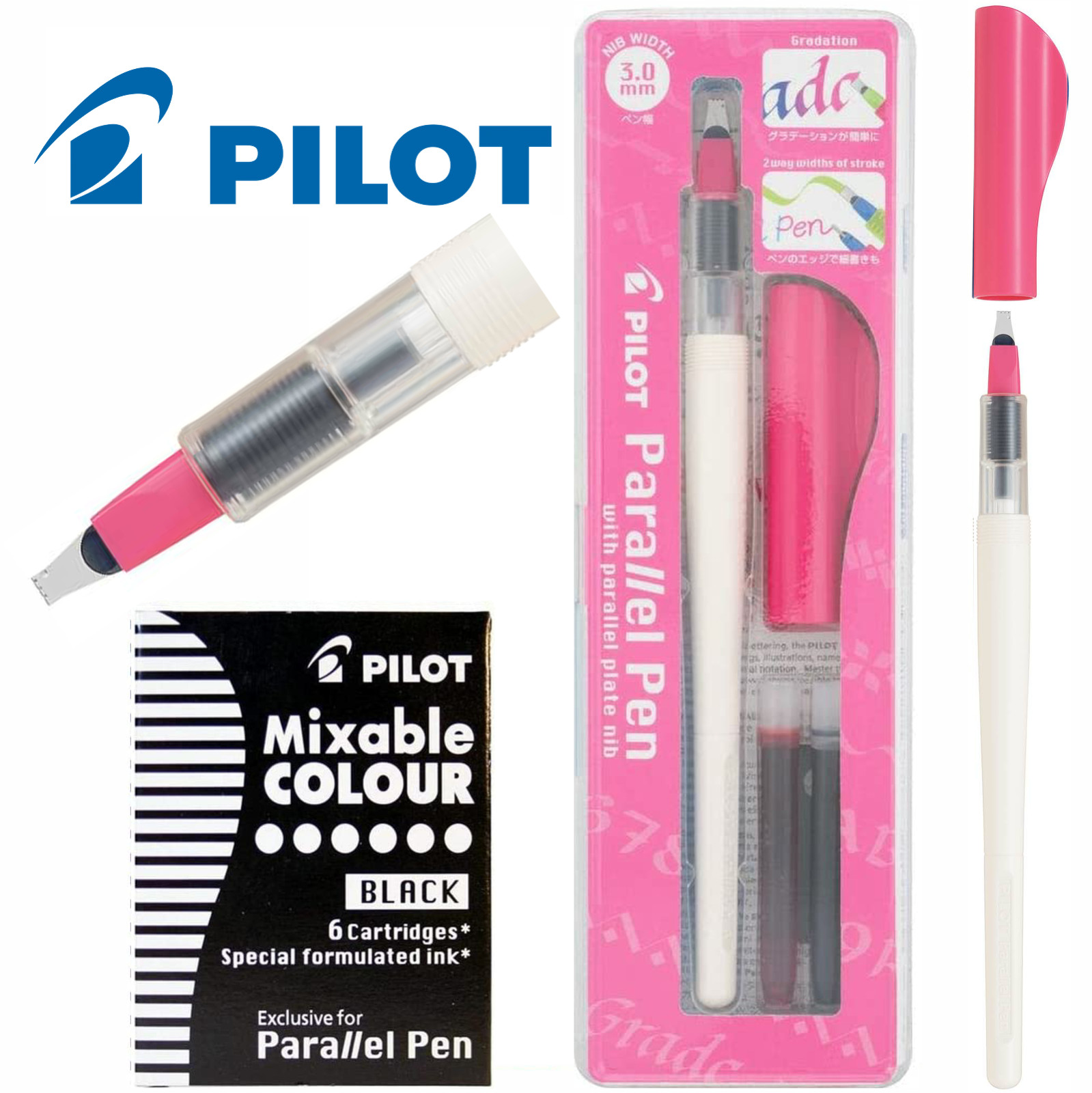 Pilot Parallel Calligraphy Pen 3.0mm Nib - FREE Pack of 6 Black Ink Cartridges