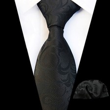 Tie Pocket Square Set Black Swirl Handmade Mens Wedding Formal Necktie