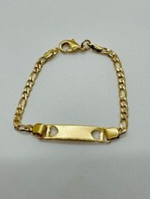 14K GOLD PLATED 6" ID BRACELET W/ FIGARO LINK AND ID BAR W/2 CUT OUT HEARTS SB2