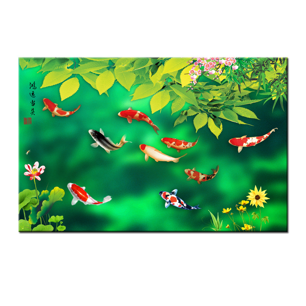 中国古美術・荷花鯉鱼図三尺画芯・啓功印款・水墨画・純手描き・文房具