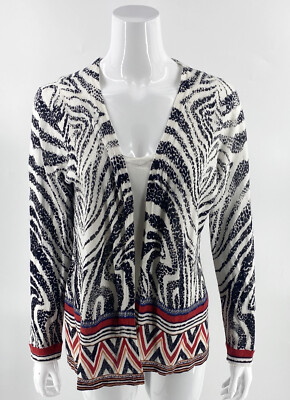 Chicos Cardigan Sweater Duster Large White Black Red Zebra