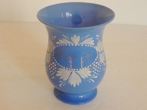 TAZA DE VIDRIO "No me olvides" pintada a mano azul FREE SOPLADO 1850 CON MANGO APLICADO