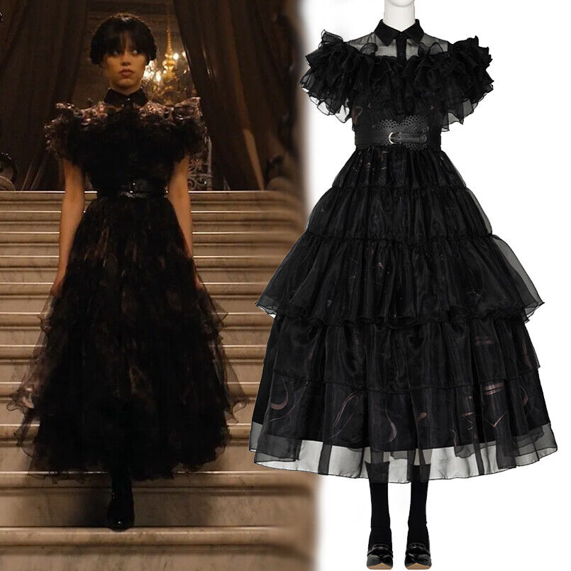 Wednesday Addams Black Tulle Dress Cosplay Gown Costumes for Women